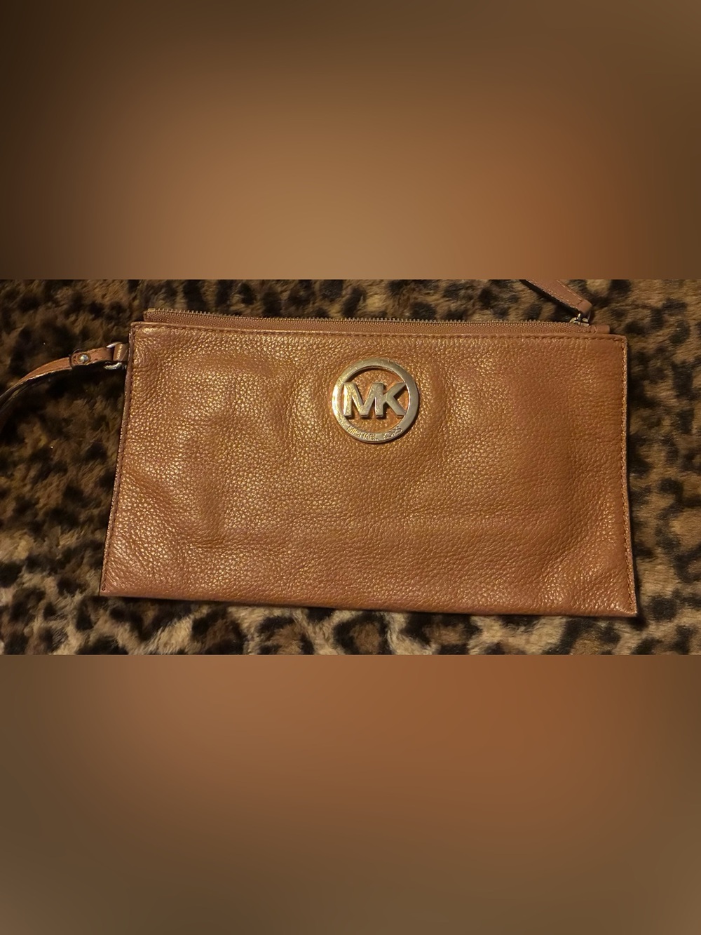 Michael Kors Tan Pebbled Leather Wristlet with MK Medallion